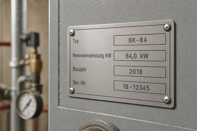 Nahaufnahme eines Typenschilds an einem Heizkessel; das Feld mit der Nennwärmeleistung ist markiert